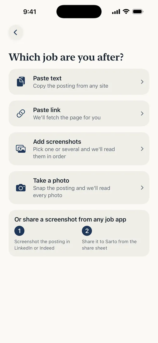 Adding a job posting to Sarto by pasting text, pasting a link, or sharing a screenshot from a job app