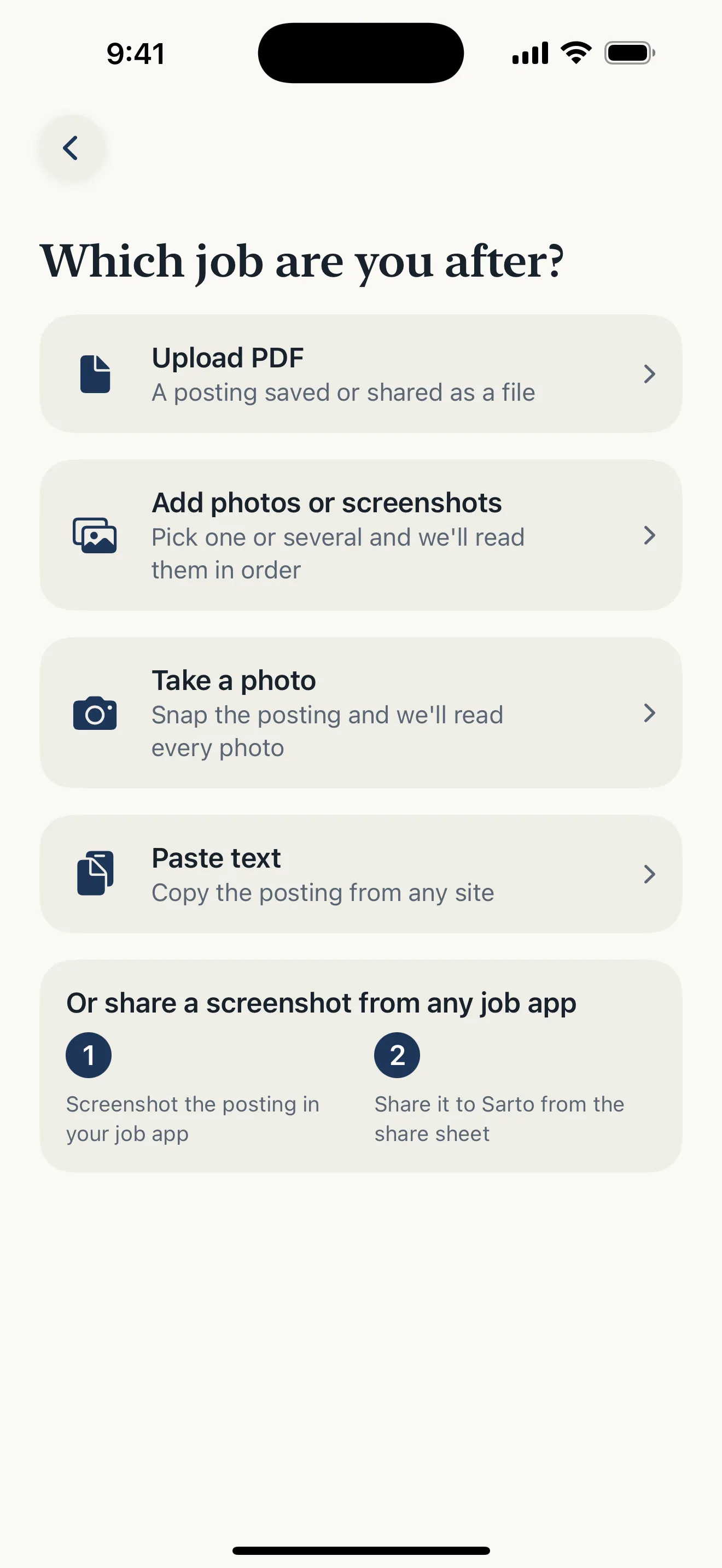 Adding a job posting to Sarto: paste the text or share a screenshot from any job app