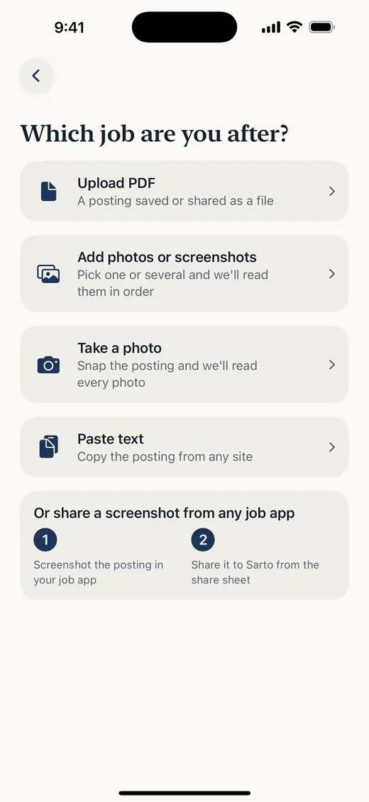 Adding a job posting to Sarto by pasting text or sharing a screenshot from a job app