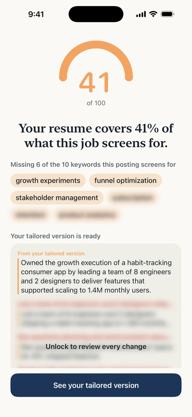 Sarto's ATS match score screen: a resume covers 41 of 100 of what a job posting screens for, with the missing keywords listed
