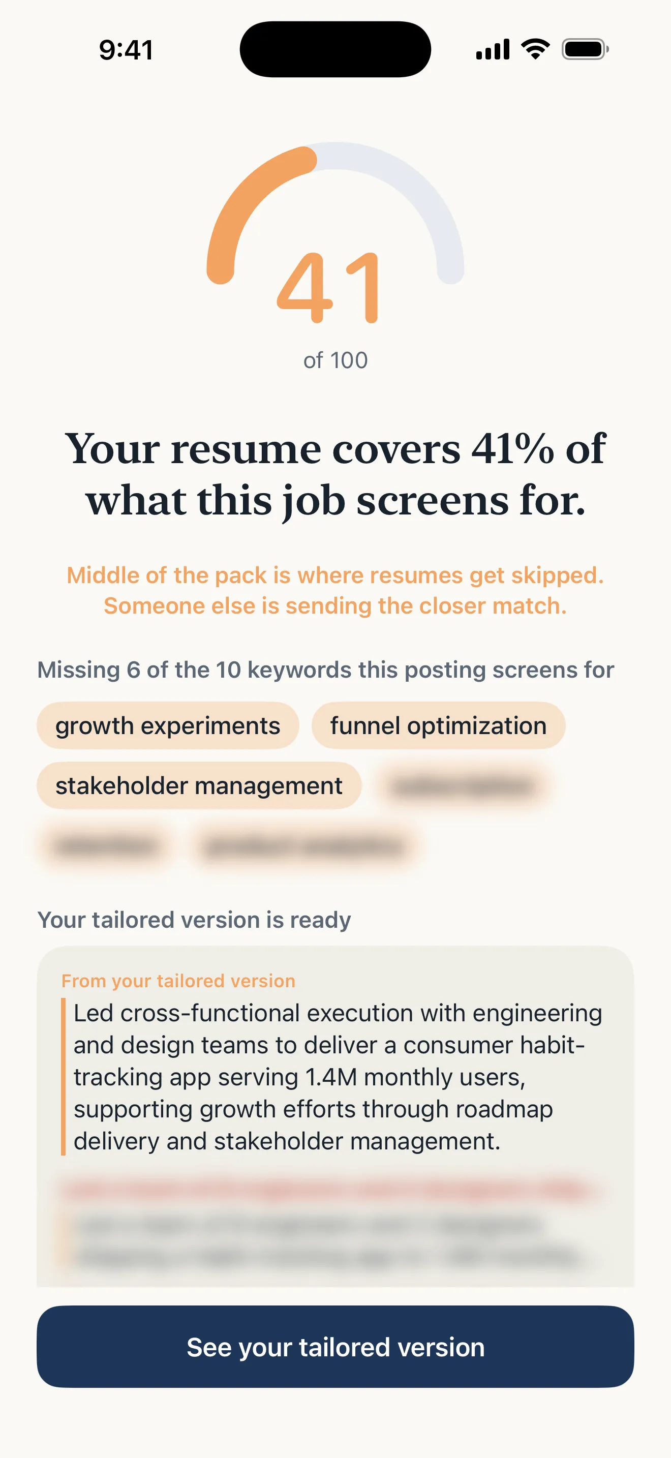 Missing resume keywords from a job posting shown as chips in Sarto: growth experiments, funnel optimization, stakeholder management