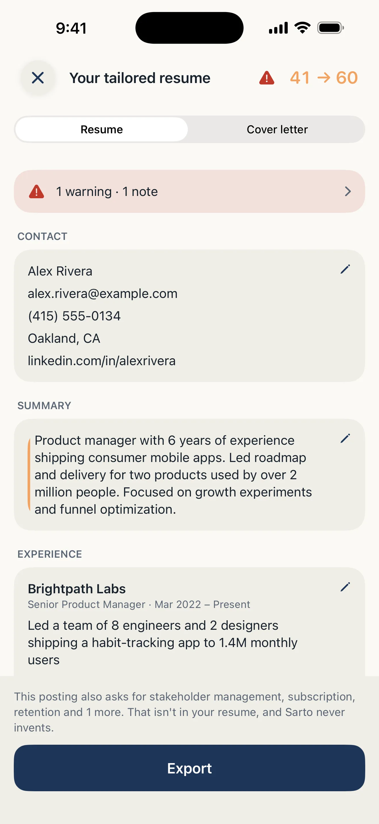The tailored resume diff in Sarto that closes the keyword gap: original bullets struck through, rephrased versions using the posting’s vocabulary below