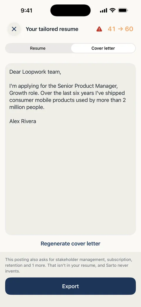 A cover letter generated by Sarto alongside the tailored resume