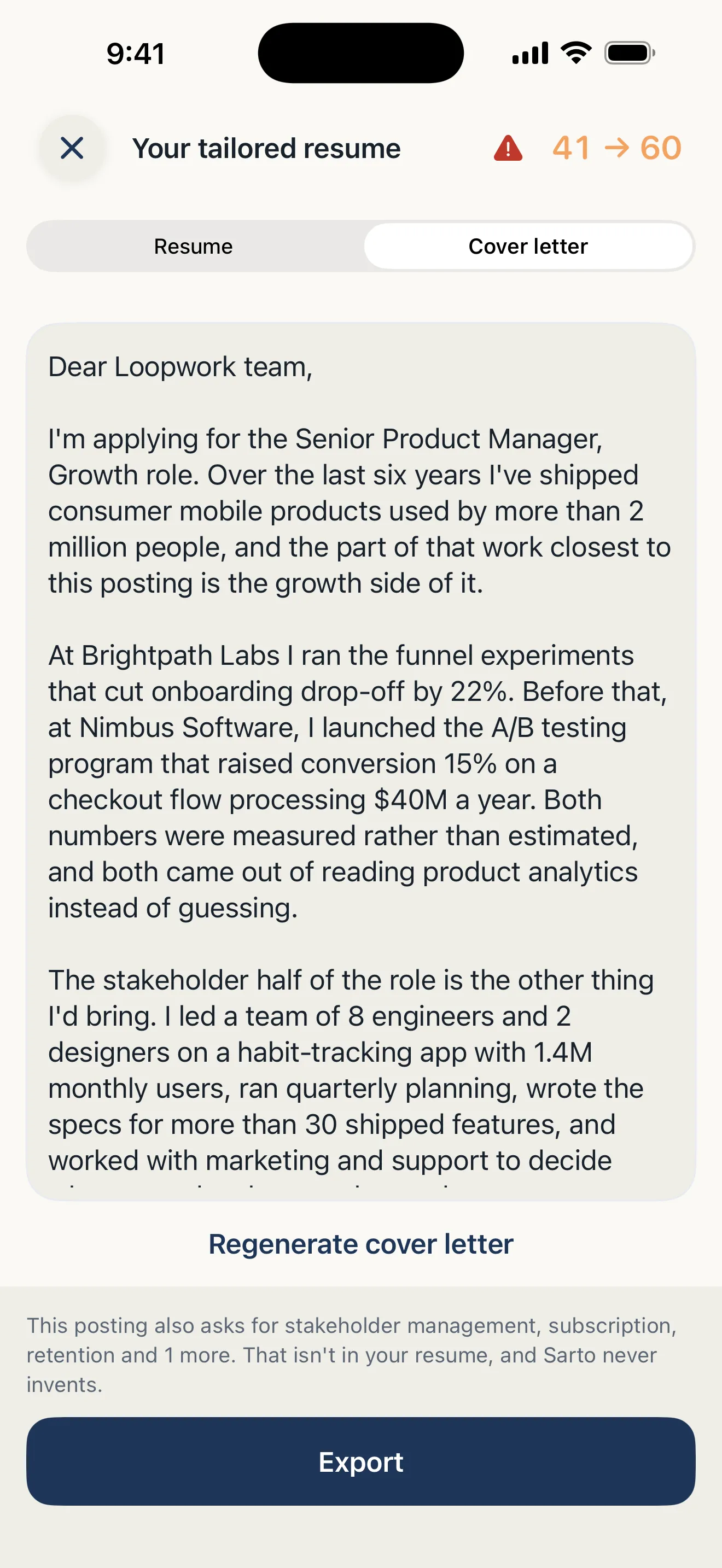 A cover letter generated with the tailored resume in Sarto, addressed to the specific role and company