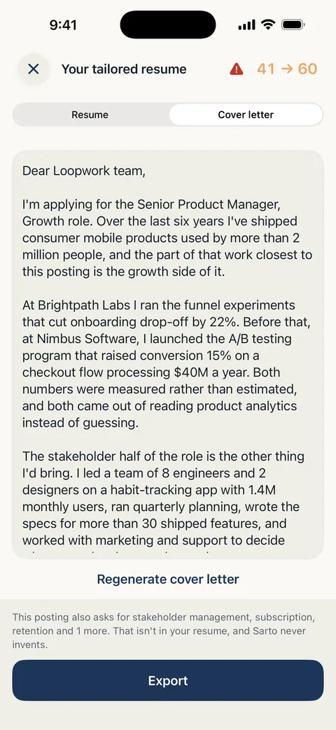 A cover letter generated by Sarto alongside the tailored resume