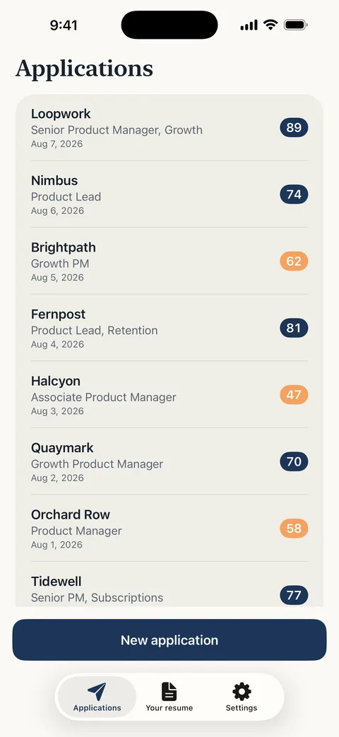 Sarto's applications list: every tailored resume version saved per job with its match score and sent status