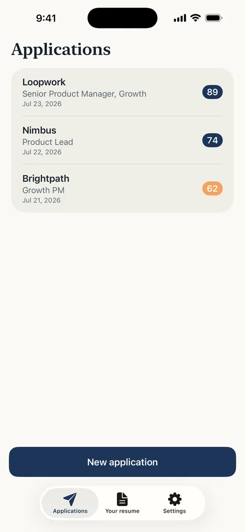 Sarto's applications list: every tailored resume version saved per job with its match score and sent status